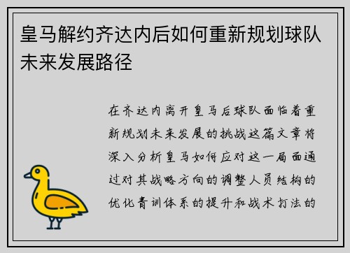 皇马解约齐达内后如何重新规划球队未来发展路径