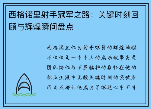 西格诺里射手冠军之路：关键时刻回顾与辉煌瞬间盘点