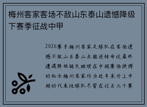 梅州客家客场不敌山东泰山遗憾降级下赛季征战中甲
