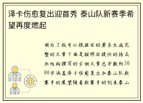 泽卡伤愈复出迎首秀 泰山队新赛季希望再度燃起